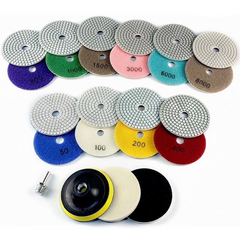 Ceeintee 4 Inch Diamond Polishing Pads, 14 PCS 50-8000 Grit Wet/Dry Granite Stone Polish Pad Kit with 5/8’’-11 Backer Pad, Drill Adapter and Wool Disc - Image 1